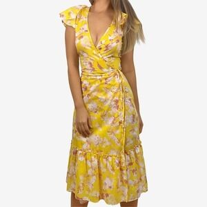MISA Los Angeles Wrap Midi Dress Size XS Yellow Floral Boho Cottagecore Summer
